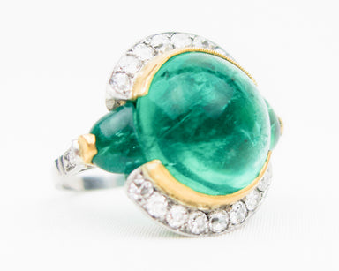 Art Deco Emerald Cabochon and Diamond Ring