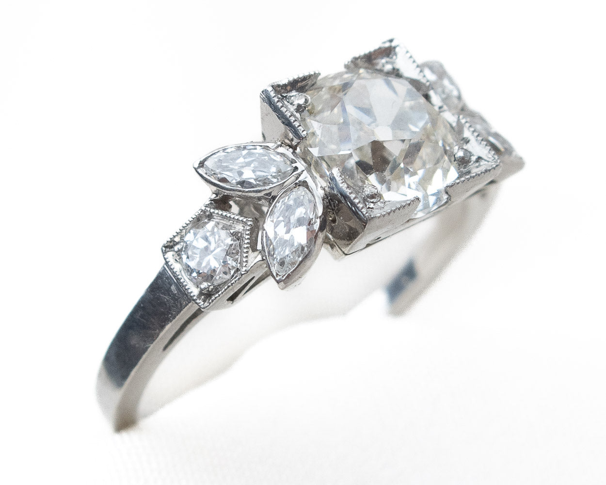 Art Deco Diamond Ring with Marquise Diamond Accents