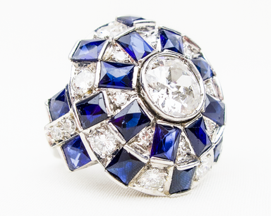 Art Deco Synthetic Sapphire & Diamond Checkerboard Ring