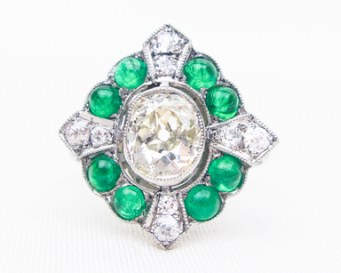 Art Deco Diamond Ring with Emerald Cabochons